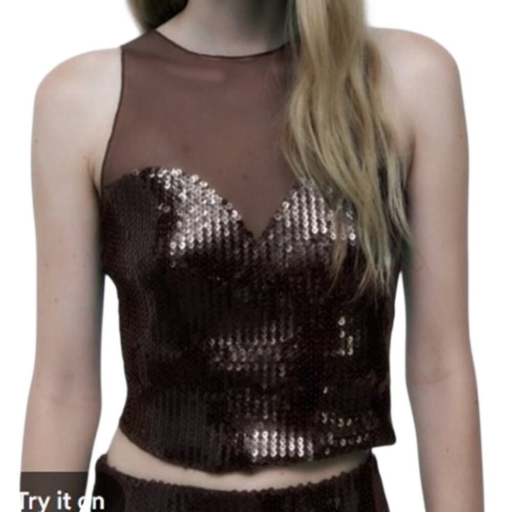 Zara Brown Sequins Sheer Sweetheart Neckline Tank Top Large Neutral Concert